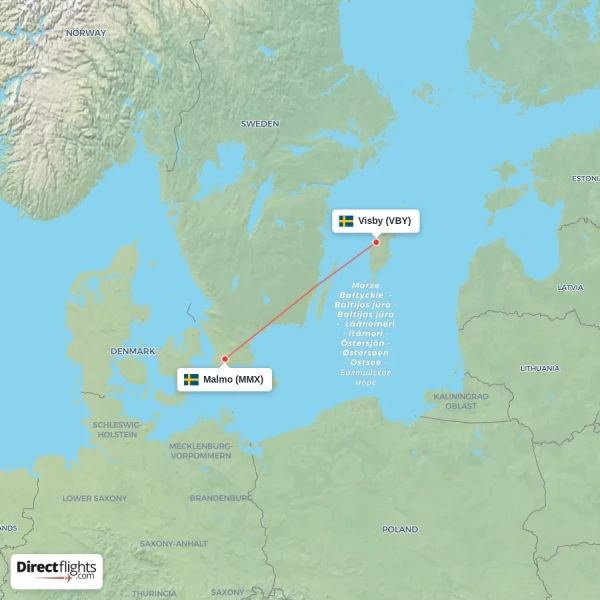Malmo - Visby direct flight map