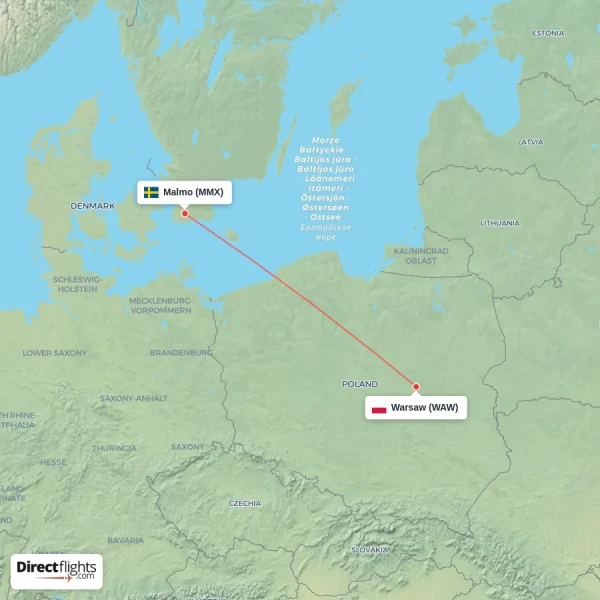 Malmo - Warsaw direct flight map