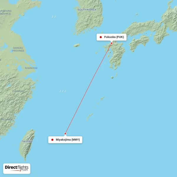 Miyakojima - Fukuoka direct flight map