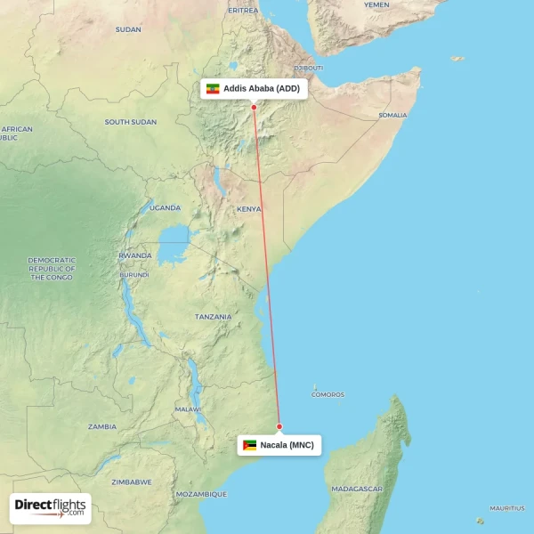 Nacala - Addis Ababa direct flight map