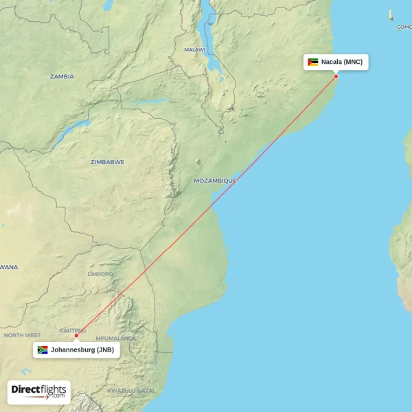 Nacala - Johannesburg direct flight map