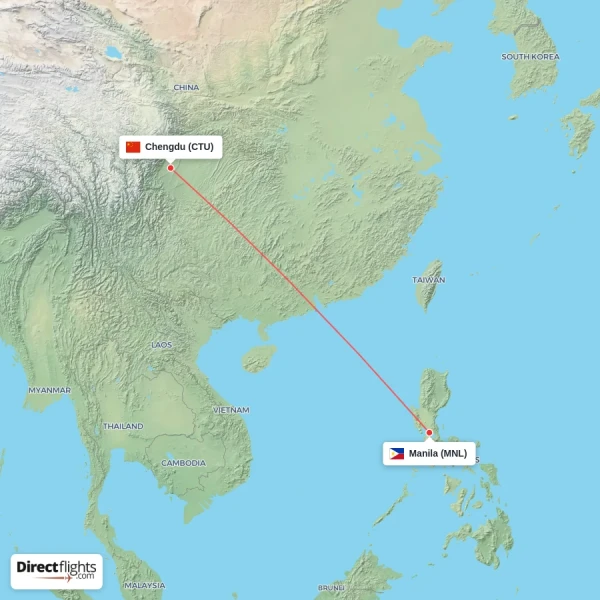 Manila - Chengdu direct flight map