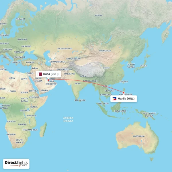 Manila - Doha direct flight map