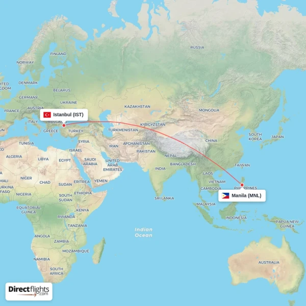 Manila - Istanbul direct flight map