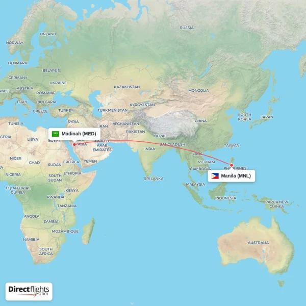 Manila - Madinah direct flight map