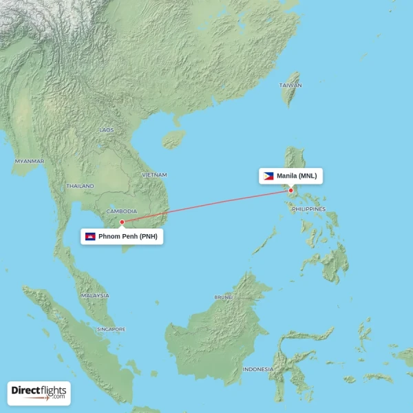 Manila - Phnom Penh direct flight map