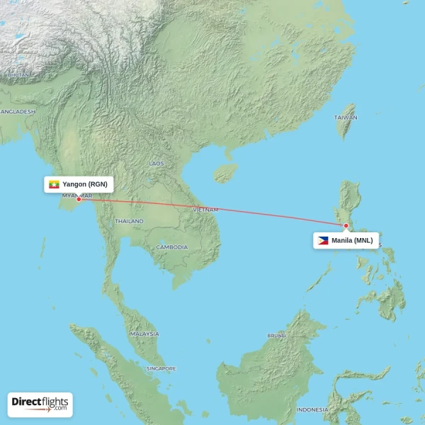 Manila - Yangon direct flight map