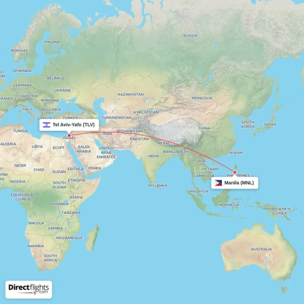 Manila - Tel Aviv-Yafo direct flight map