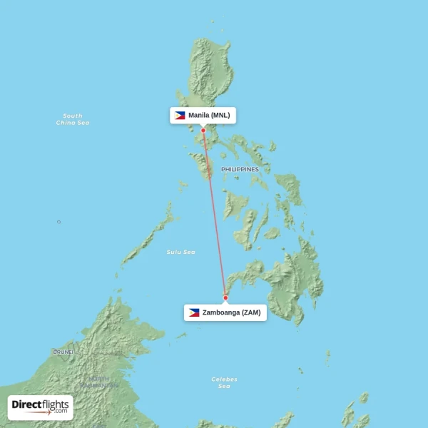 Manila - Zamboanga direct flight map