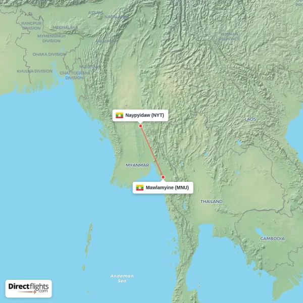 Mawlamyine - Naypyidaw direct flight map