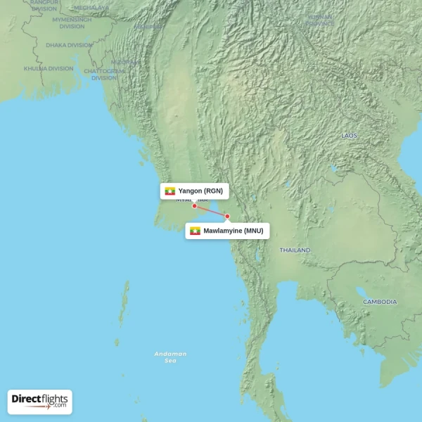 Mawlamyine - Yangon direct flight map