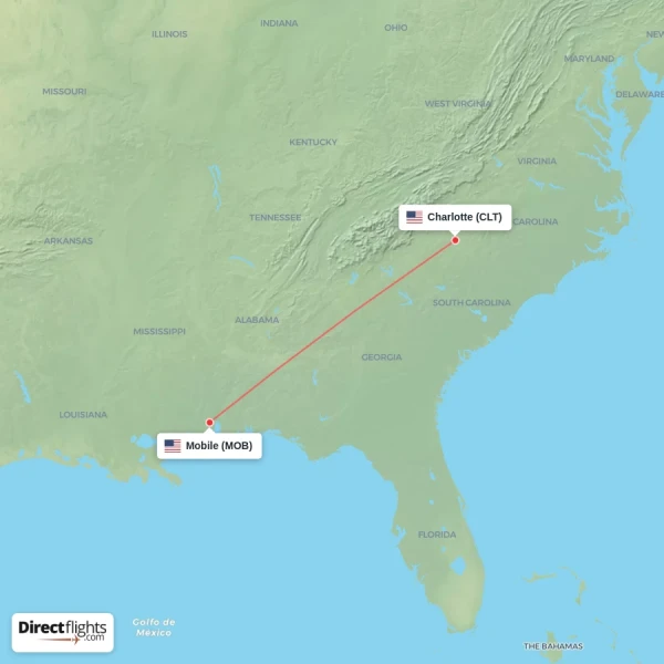 Mobile - Charlotte direct flight map