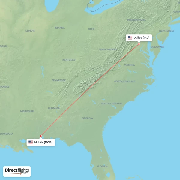 Mobile - Dulles direct flight map