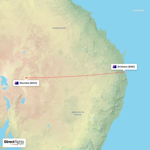 Moomba - Brisbane direct flight map