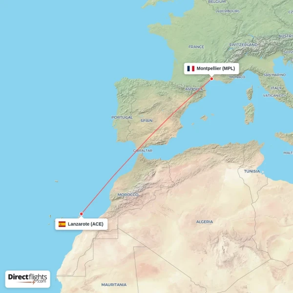 Montpellier - Lanzarote direct flight map