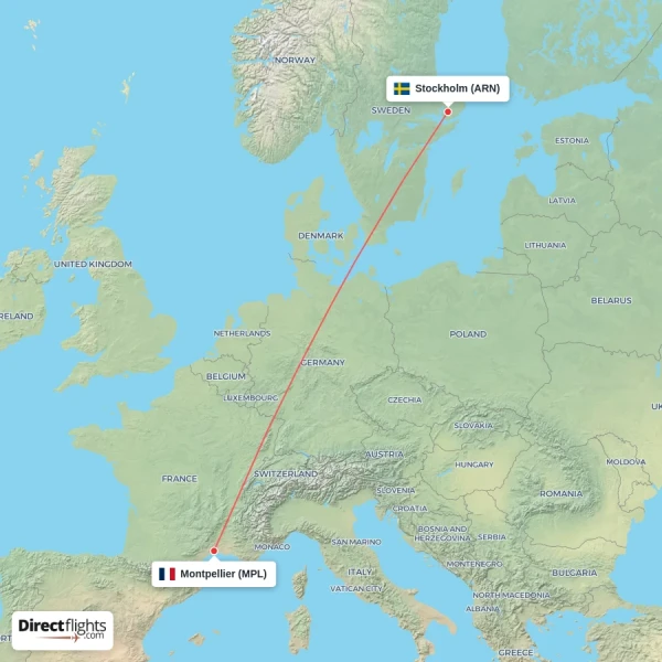 Montpellier - Stockholm direct flight map