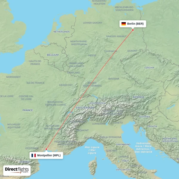 Montpellier - Berlin direct flight map