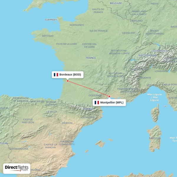 Montpellier - Bordeaux direct flight map