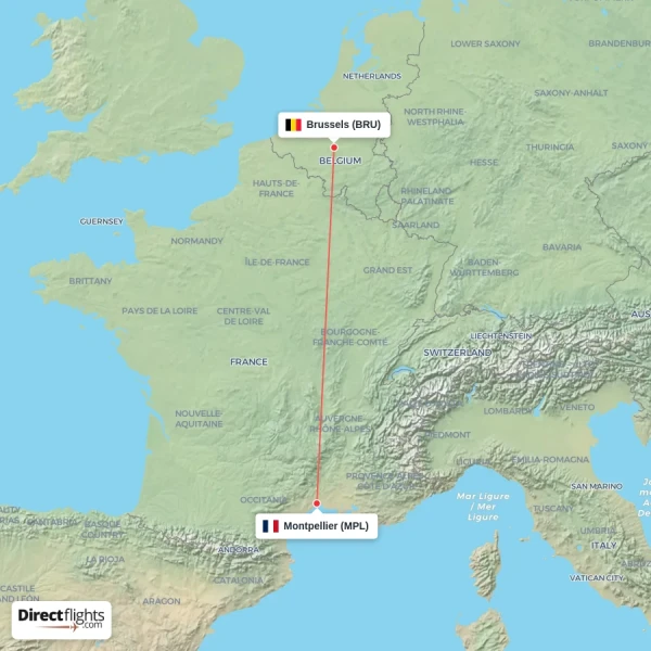 Montpellier - Brussels direct flight map
