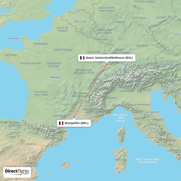 Montpellier - Basel, Switzerland/Mulhouse direct flight map