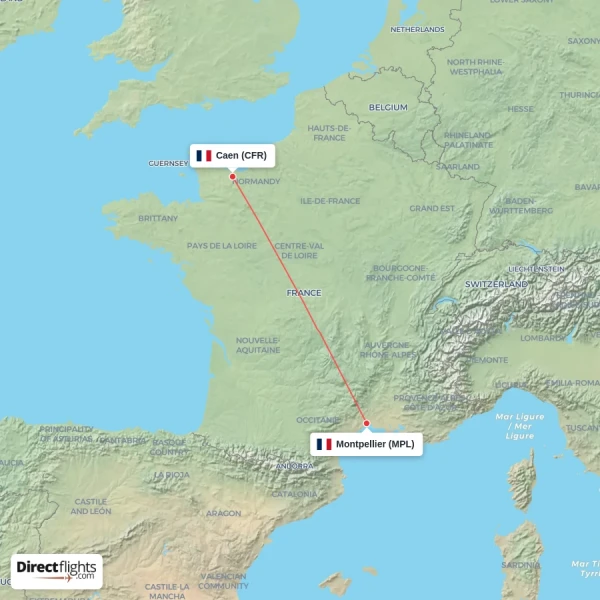 Montpellier - Caen direct flight map