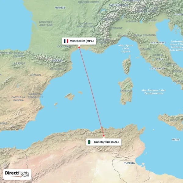 Montpellier - Constantine direct flight map