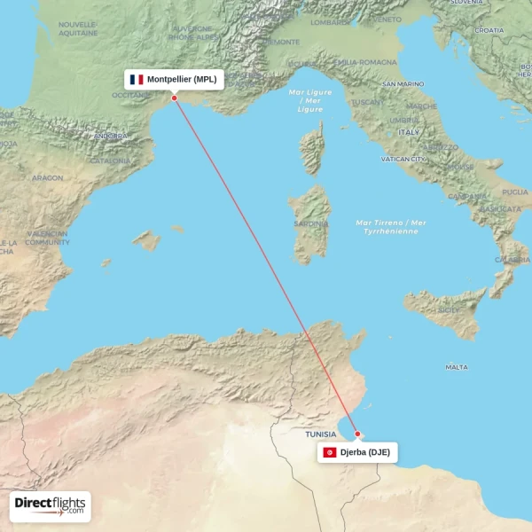 Montpellier - Djerba direct flight map