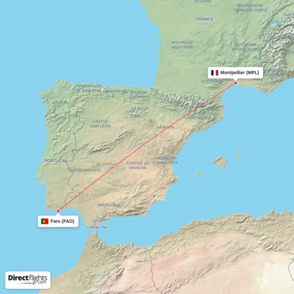 Montpellier - Faro direct flight map