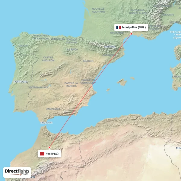 Montpellier - Fes direct flight map