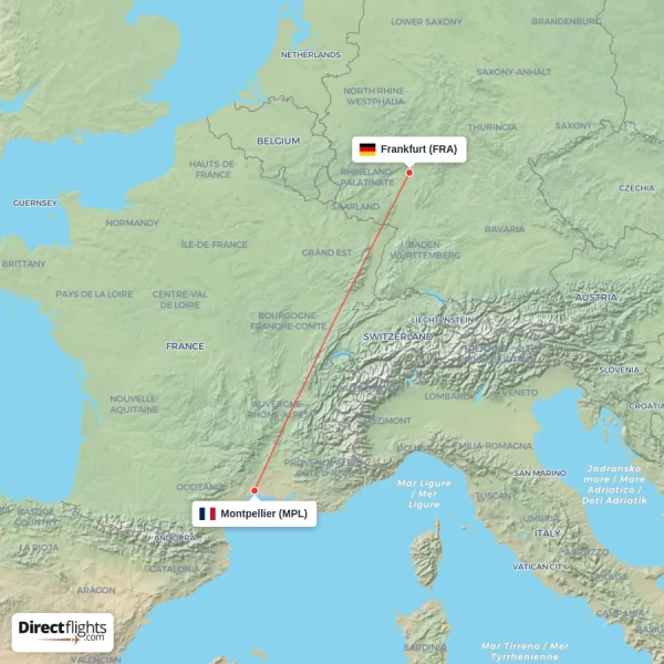 Montpellier - Frankfurt direct flight map