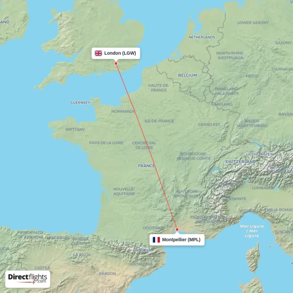 Montpellier - London direct flight map