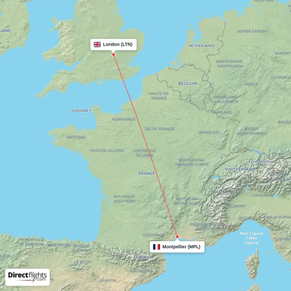 Montpellier - London direct flight map