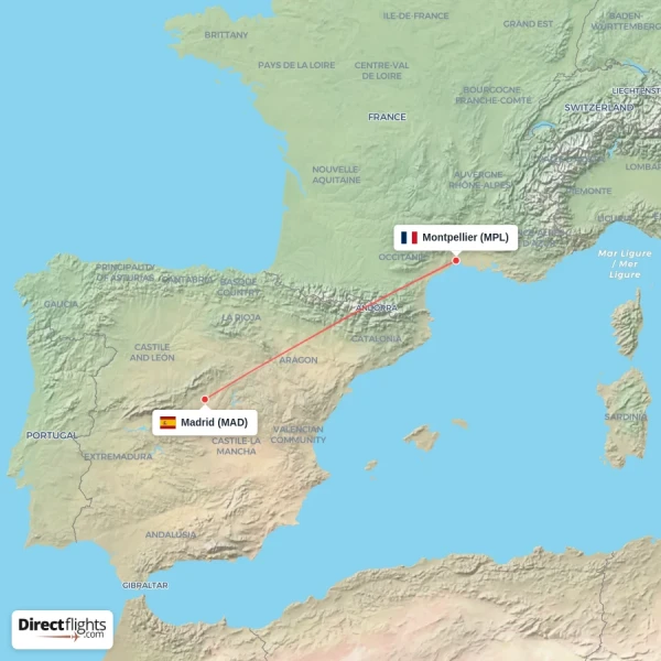 Montpellier - Madrid direct flight map
