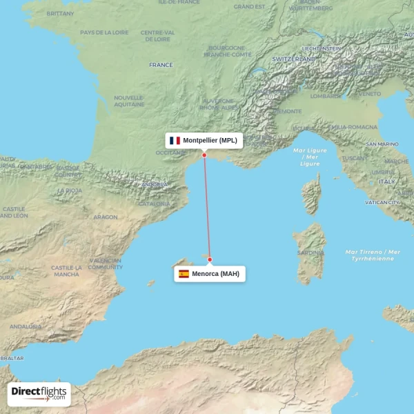 Montpellier - Menorca direct flight map