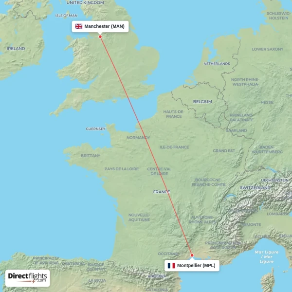Montpellier - Manchester direct flight map