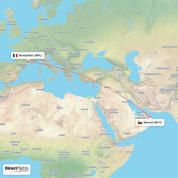 Montpellier - Muscat direct flight map
