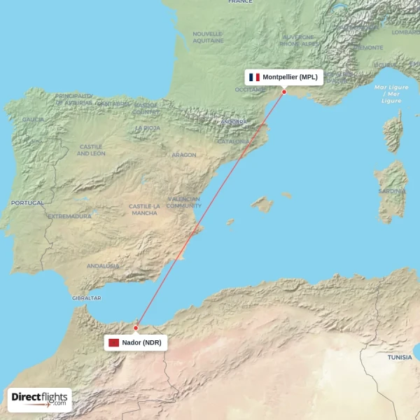 Montpellier - Nador direct flight map