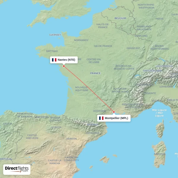 Montpellier - Nantes direct flight map