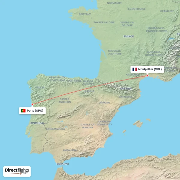 Montpellier - Porto direct flight map