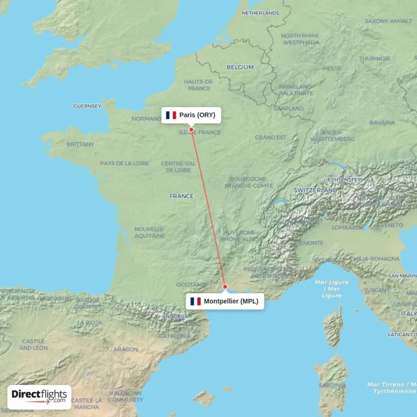 Montpellier - Paris direct flight map