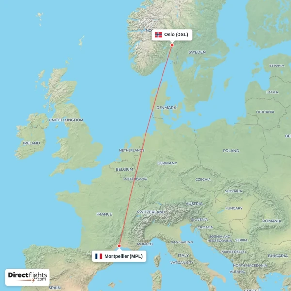 Montpellier - Oslo direct flight map