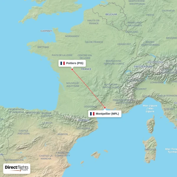 Montpellier - Poitiers direct flight map