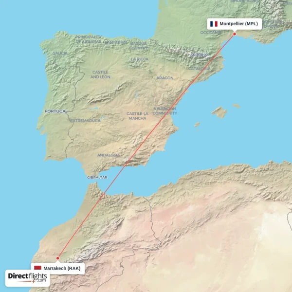 Montpellier - Marrakech direct flight map