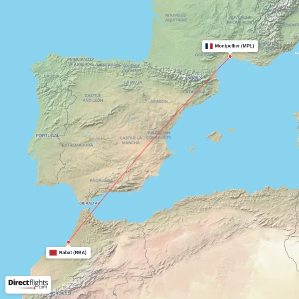Montpellier - Rabat direct flight map