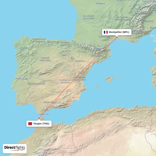 Montpellier - Tangier direct flight map