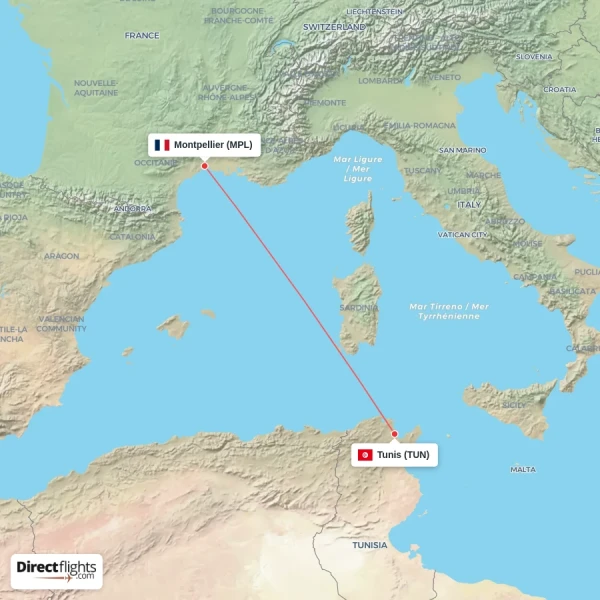 Montpellier - Tunis direct flight map