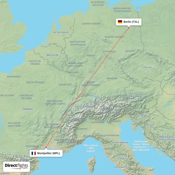 Montpellier - Berlin direct flight map