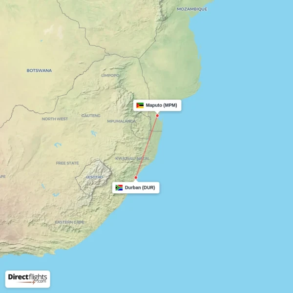 Maputo - Durban direct flight map