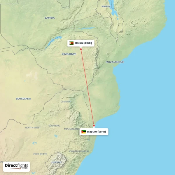 Maputo - Harare direct flight map