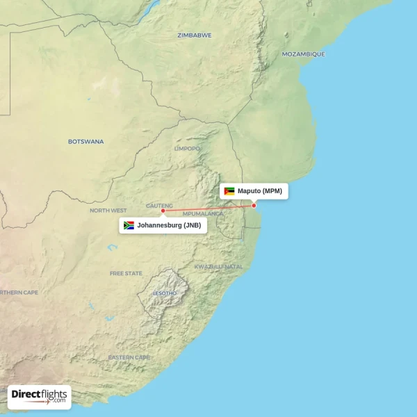 Maputo - Johannesburg direct flight map